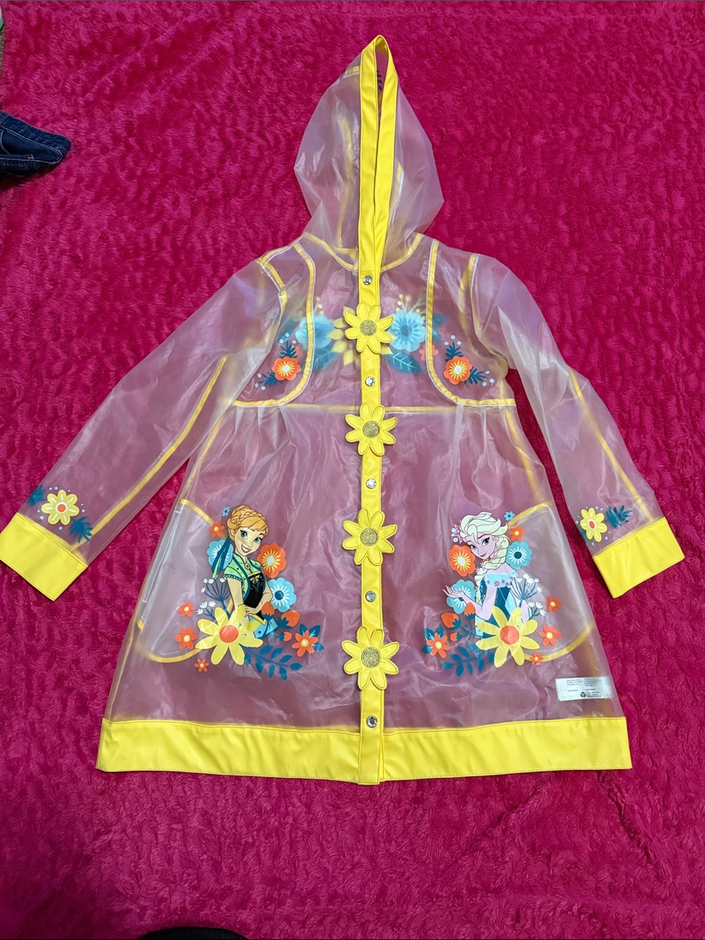 Disney Transparent Yellow Trim Raincoat with Anna & Elsa Floral Frozen Accents